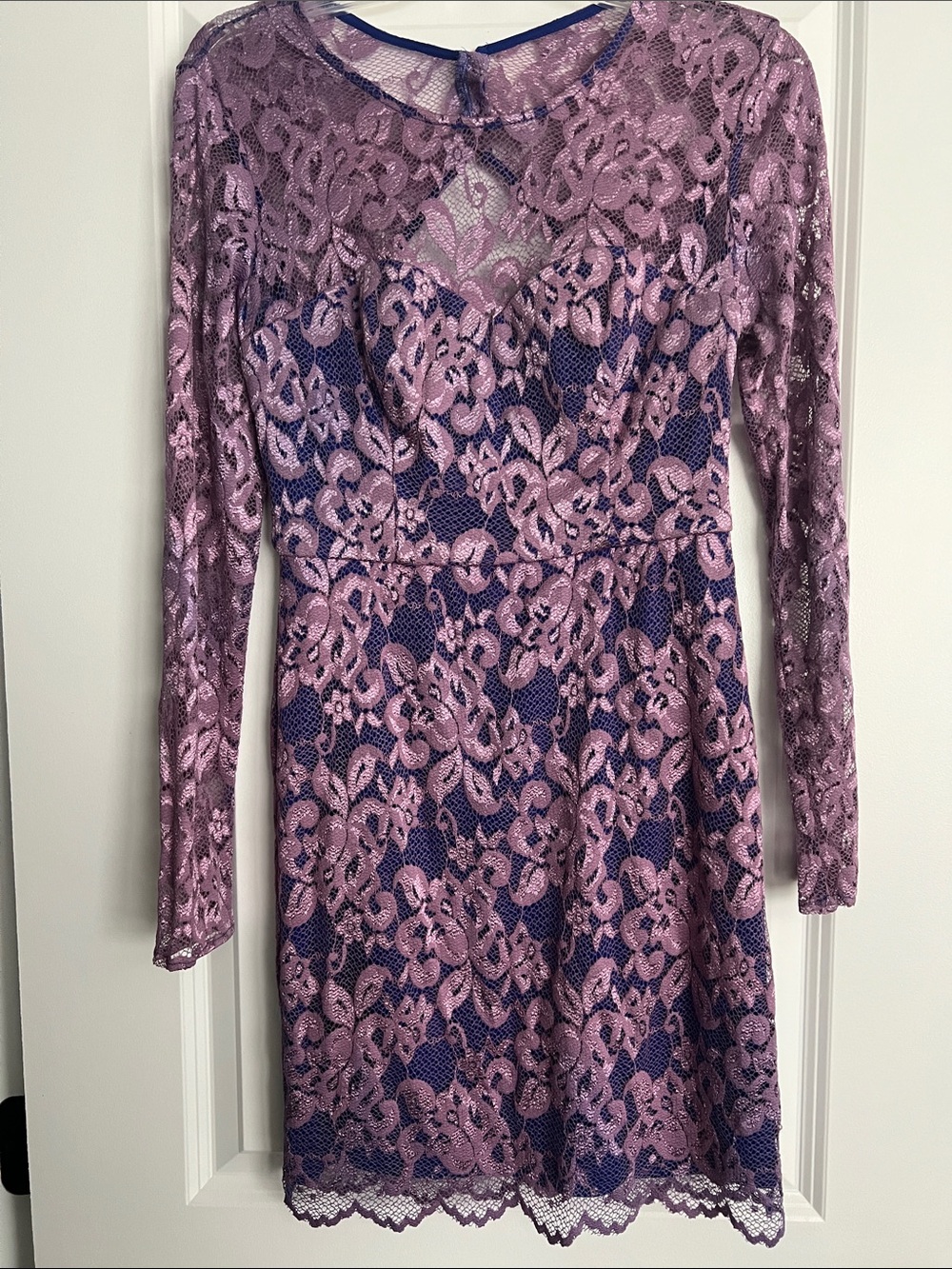 Guess Purple Lace Long-Sleeve Dress with Navy Lining